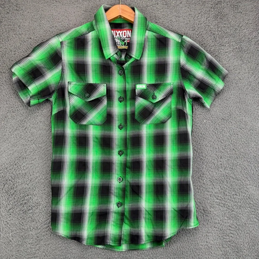 Dixxon Flannel Co OMalley Green Black Plaid Short Sleeve Kids Shirt Small S